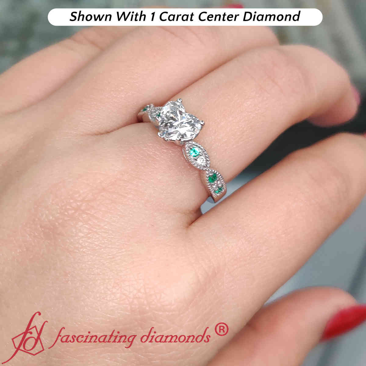 Milgrain Pave Heart Shaped Lab Diamond Ring with 14K White Gold Green Emerald