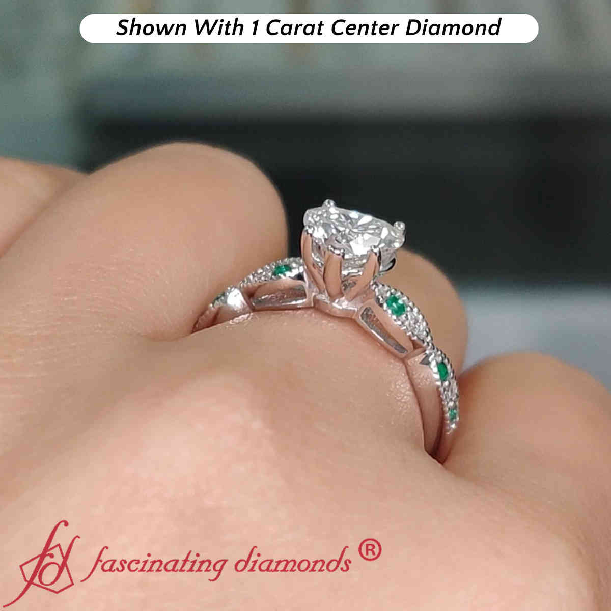 Milgrain Pave Heart Shaped Lab Diamond Ring with 14K White Gold Green Emerald