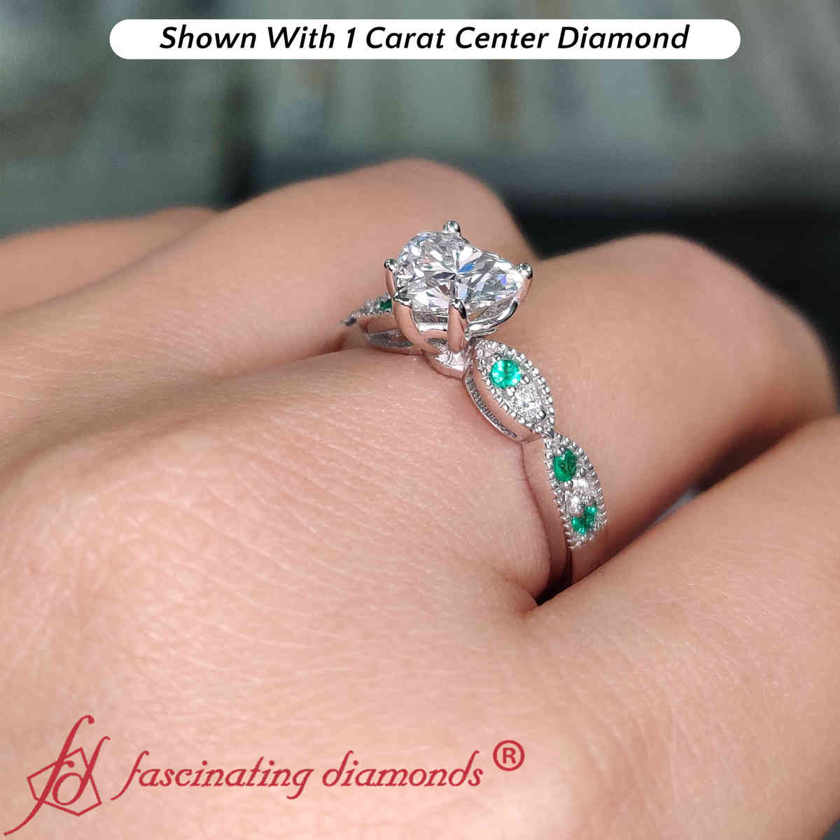 Milgrain Pave Heart Shaped Lab Diamond Ring with 14K White Gold Green Emerald
