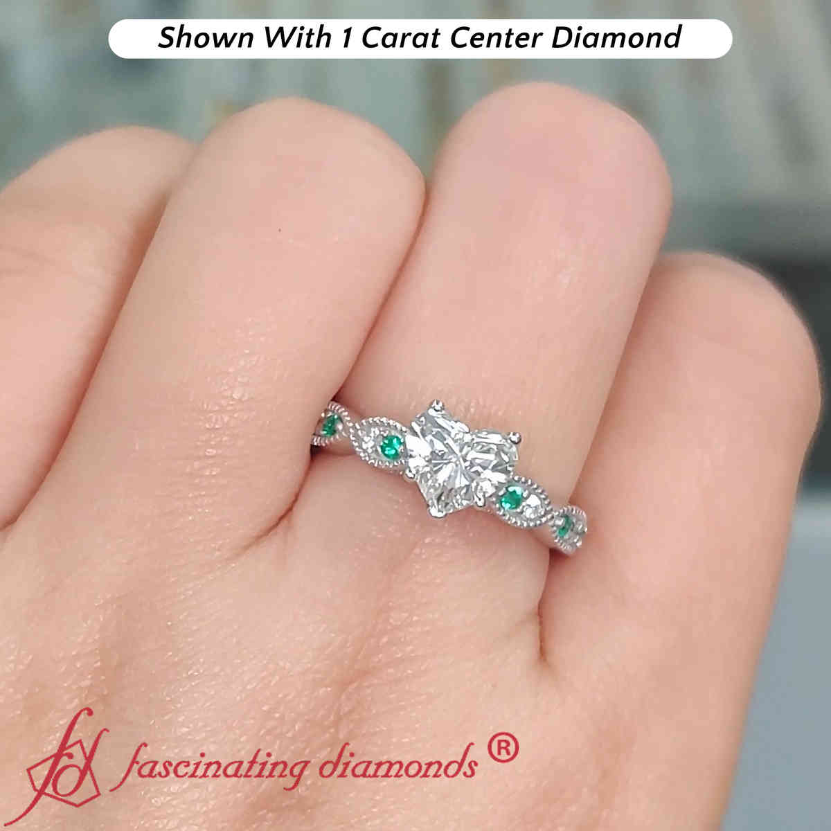 Milgrain Pave Heart Shaped Lab Diamond Ring with 14K White Gold Green Emerald