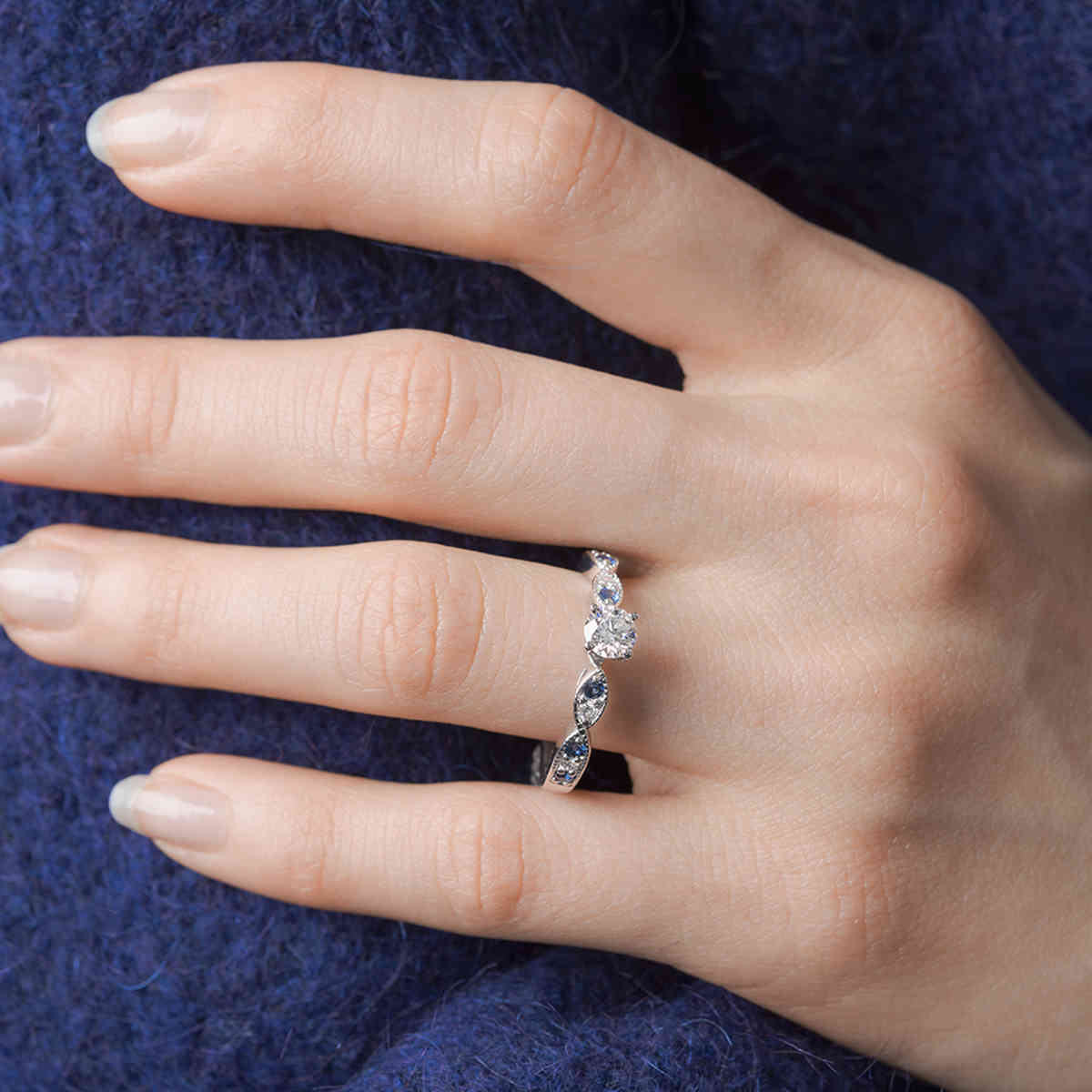 Round Shaped Small Shank Milgrain Engagement Ring with Blue Sapphire in 14K White Gold