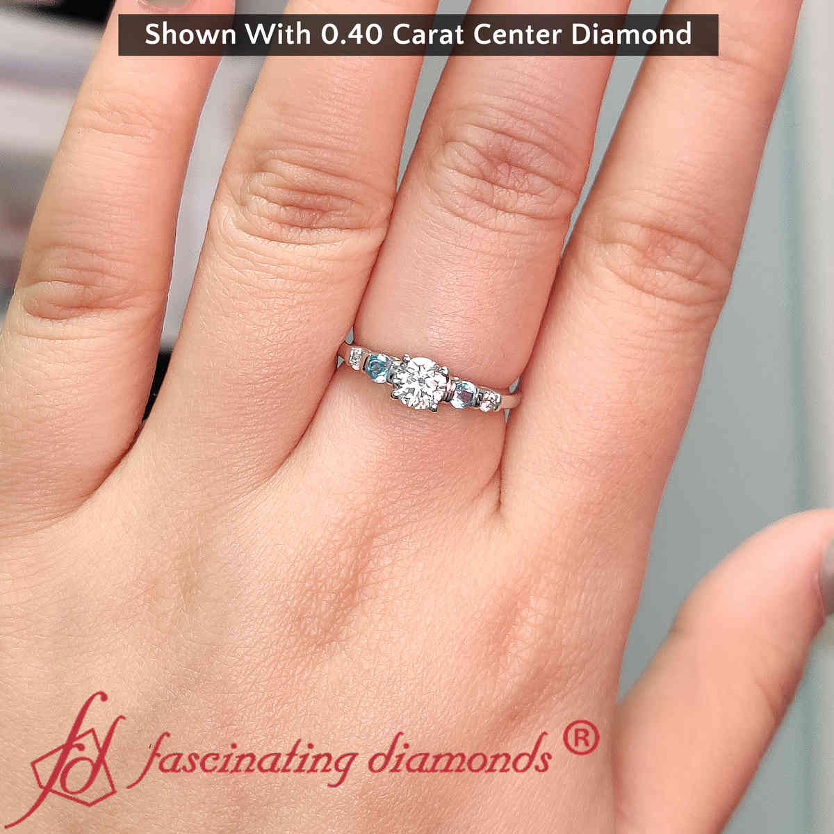 Half Carat Round Cut Bar Set Lab Diamond Ring with 14K White Gold Ice Blue Topaz