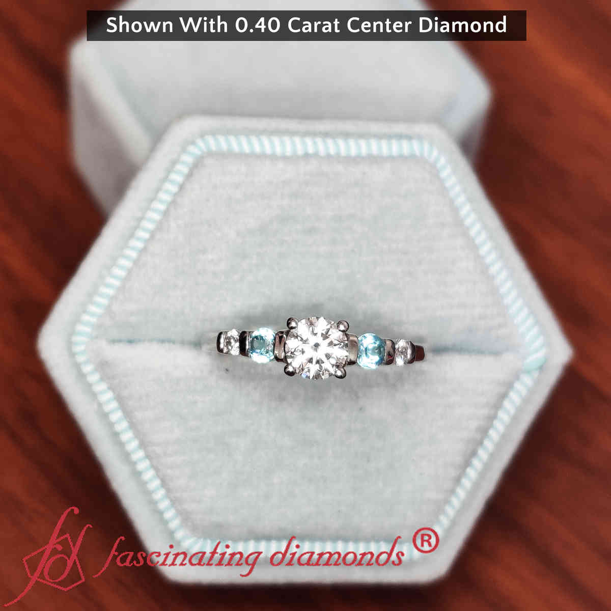 Half Carat Round Cut Bar Set Lab Diamond Ring with 14K White Gold Ice Blue Topaz