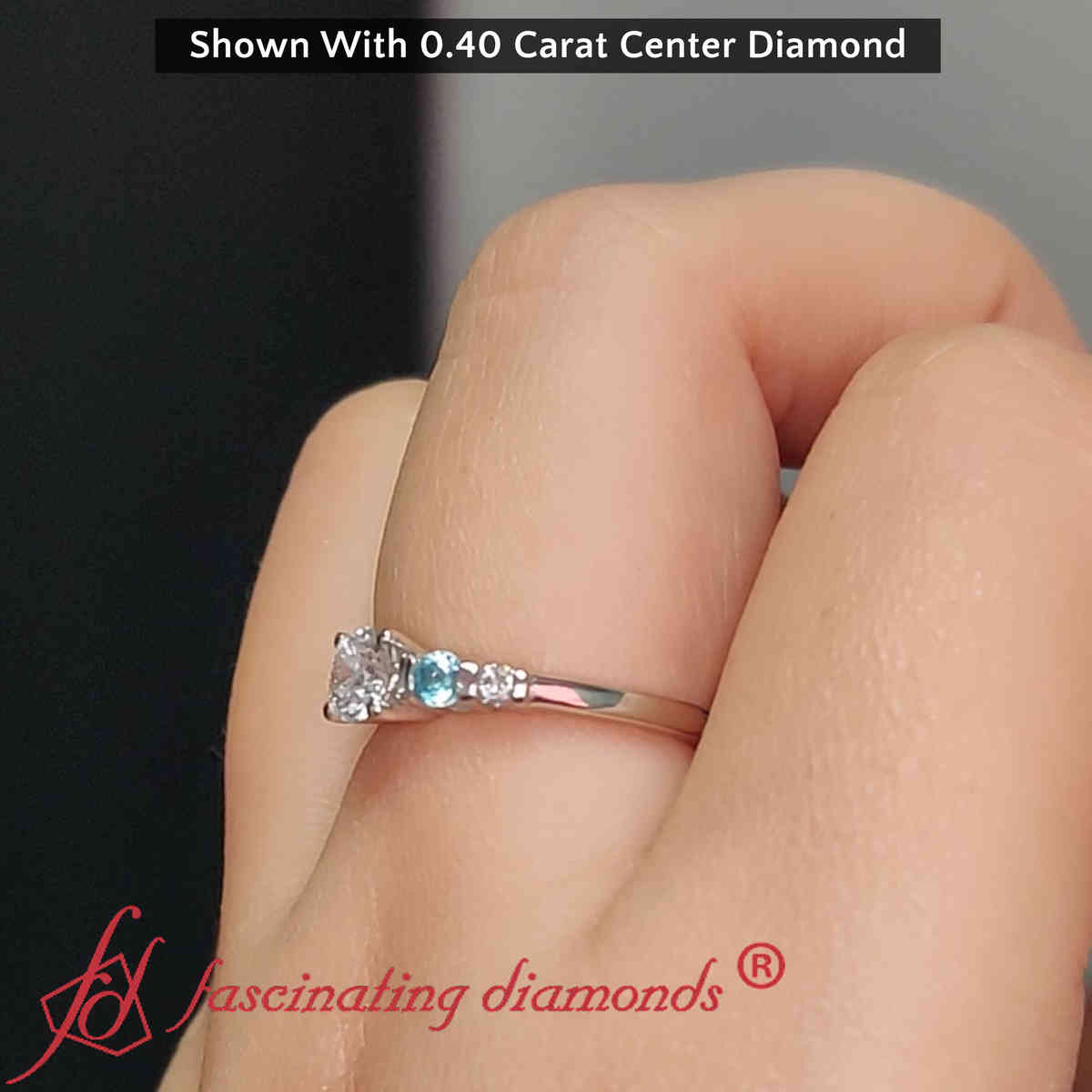 Half Carat Round Cut Bar Set Lab Diamond Ring with 14K White Gold Ice Blue Topaz