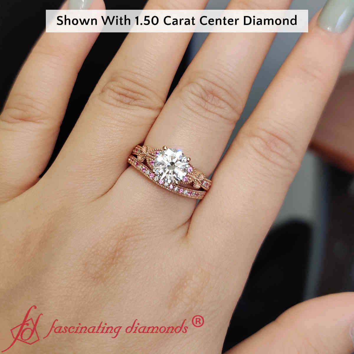 2 Carat Round Lab Diamond Milgrain Wedding Ring Set with 18K Rose Gold Pink Sapphire
