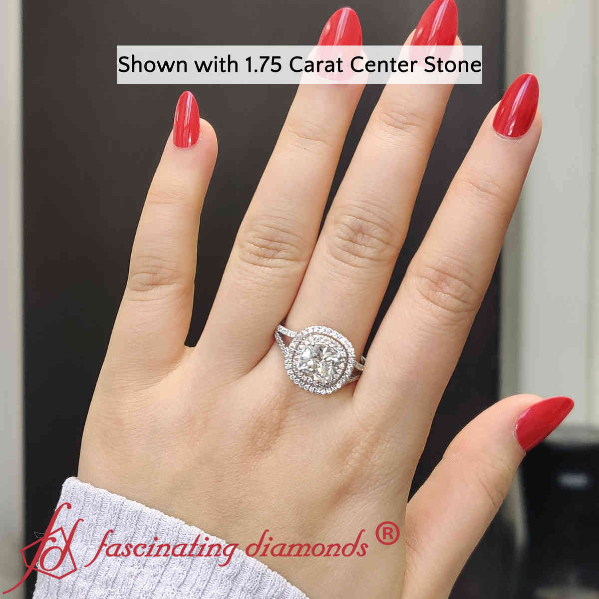 Cushion Shaped Split Square Double Halo Ring with White Diamond in 14K White Gold