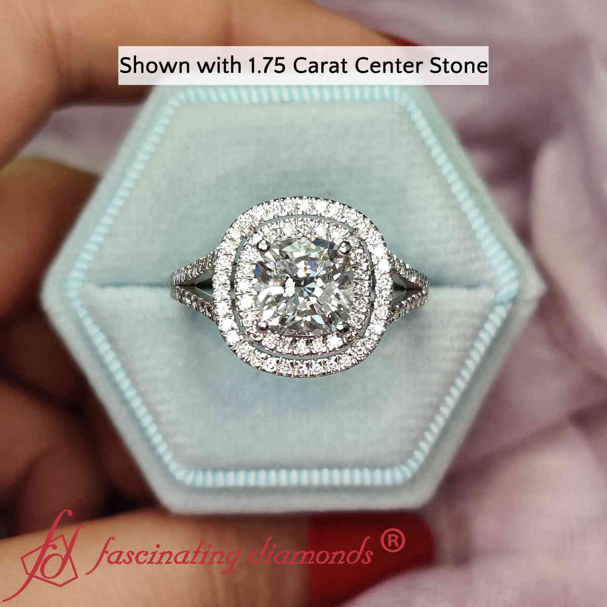 Cushion Shaped Split Square Double Halo Ring with White Diamond in 14K White Gold