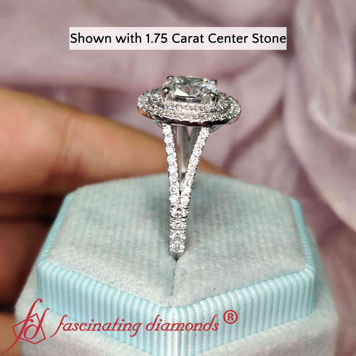 Cushion Cut Lab Diamond Split Shank Wedding Ring with 14K White Gold White Diamond