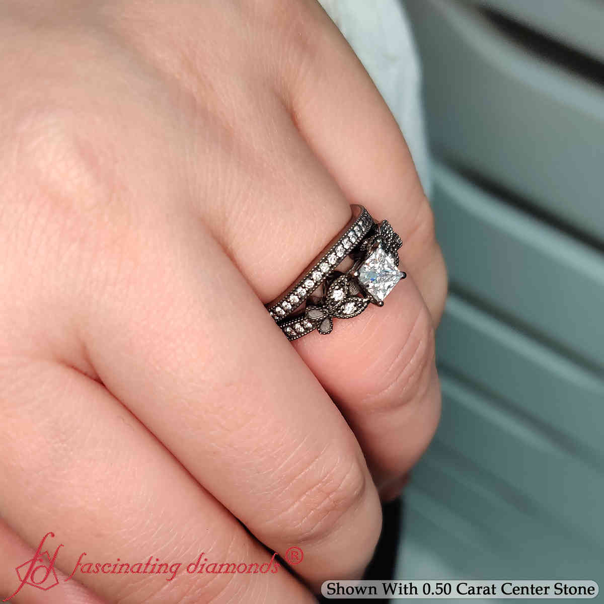 Princess Shaped Nature Inspired Black Gold Wedding Set with White Diamond in 14K Black Gold