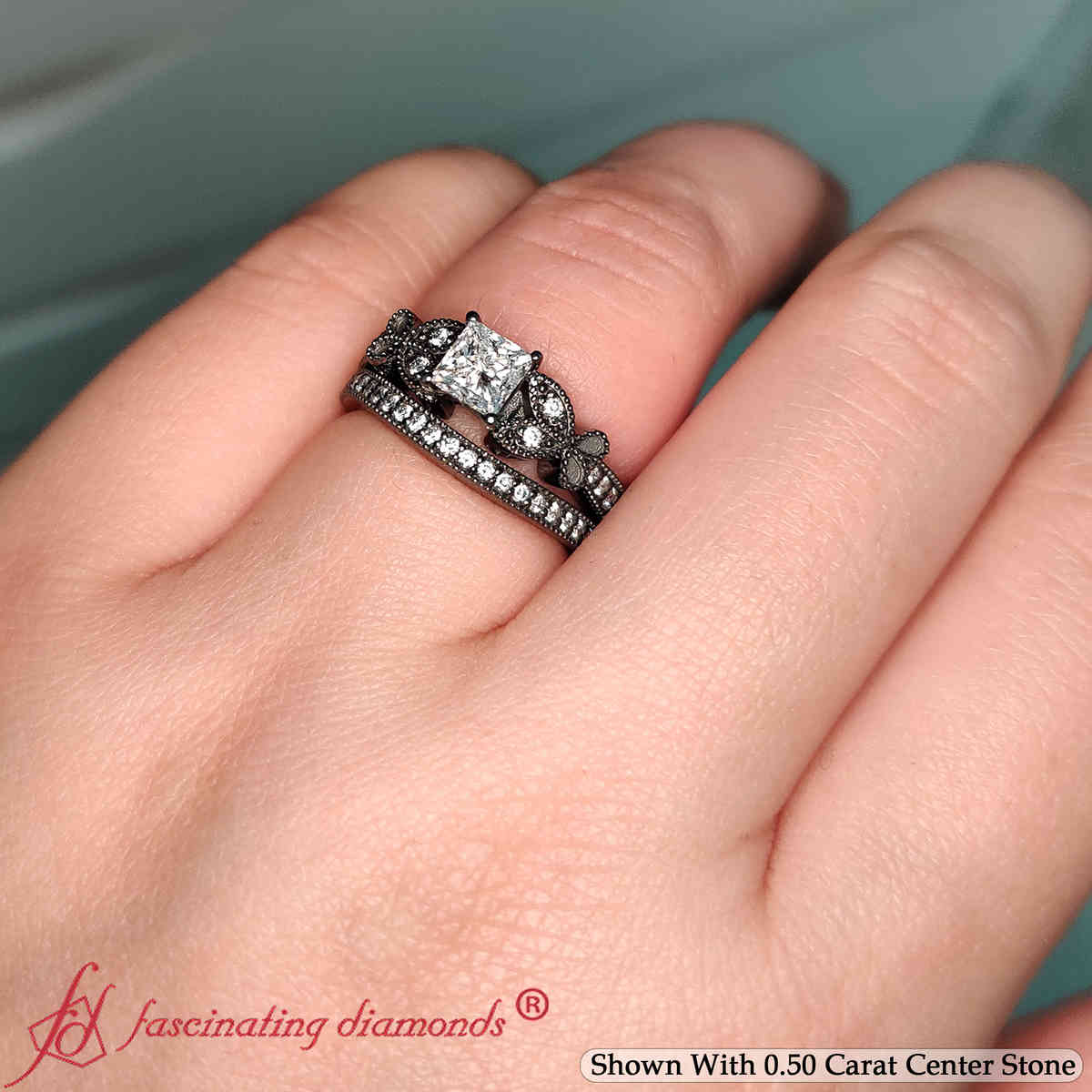 Princess Shaped Nature Inspired Black Gold Wedding Set with White Diamond in 14K Black Gold