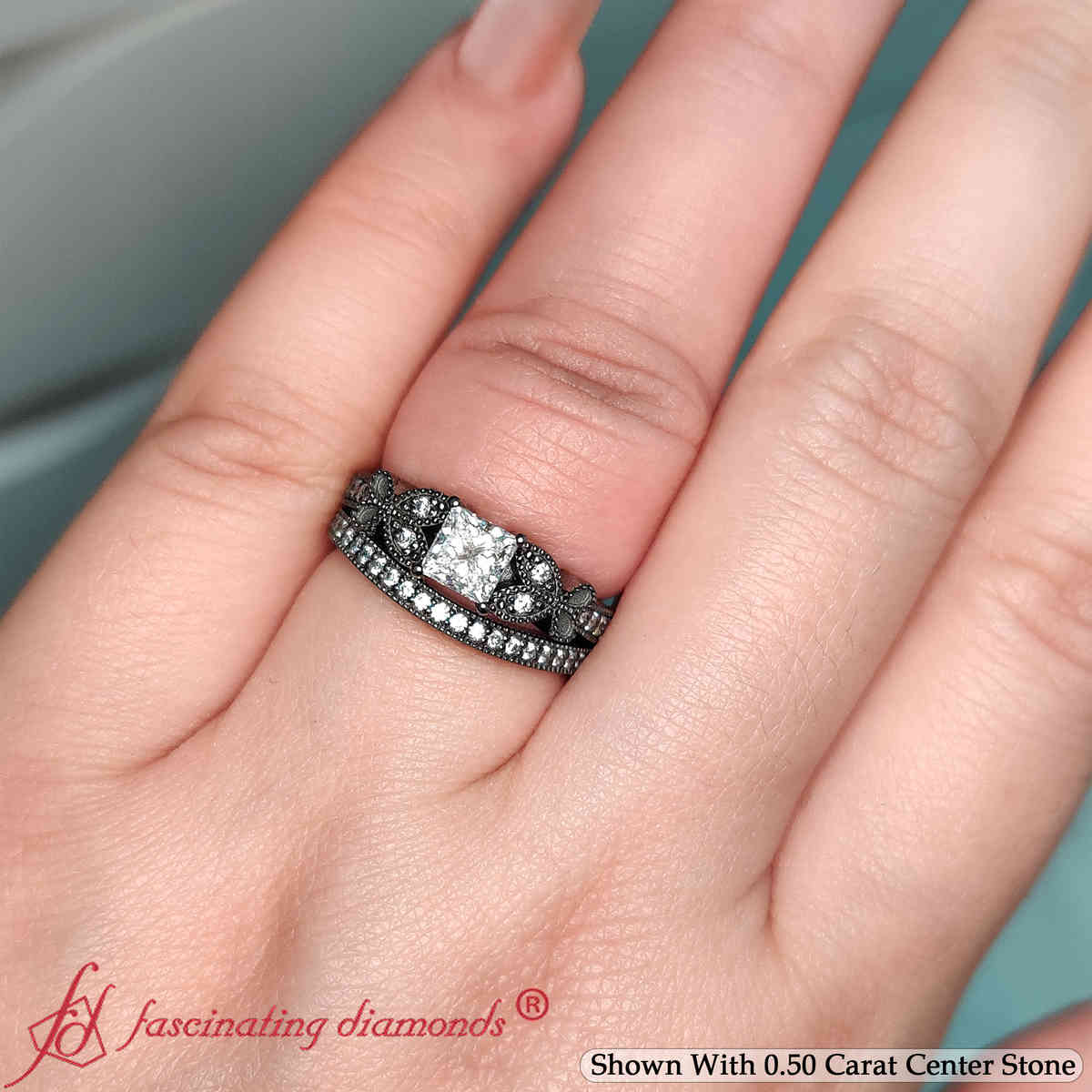 Princess Shaped Nature Inspired Black Gold Wedding Set with White Diamond in 14K Black Gold