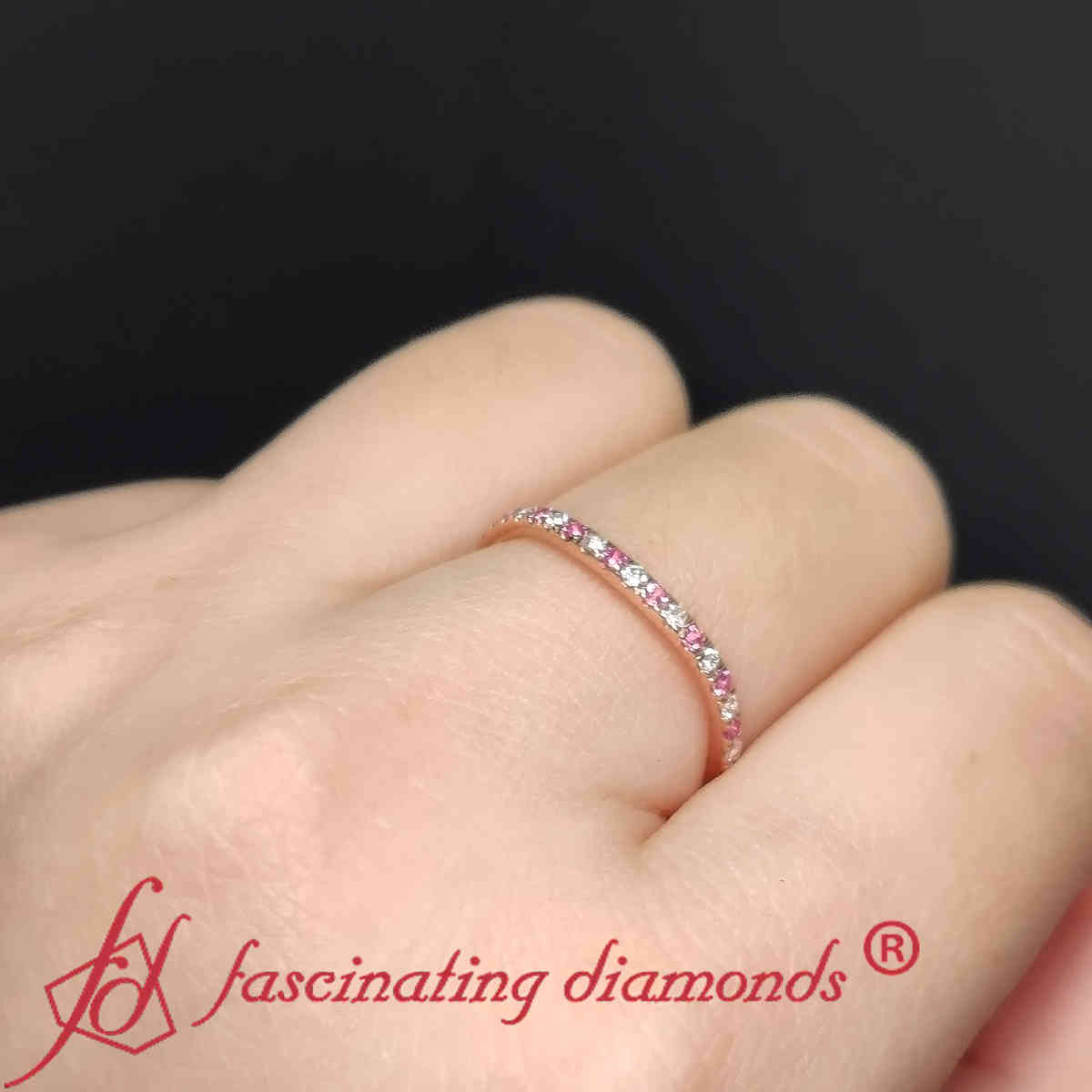 Curved Pave Wedding Band Ring with 14K Rose Gold Pink Sapphire