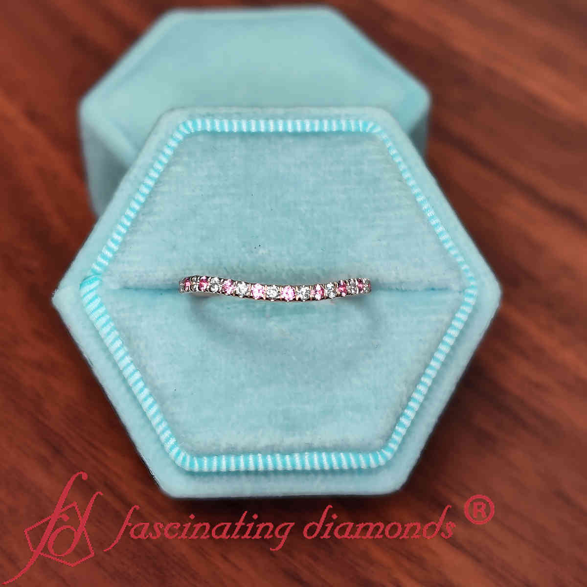 Curved Pave Wedding Band Ring with 14K Rose Gold Pink Sapphire