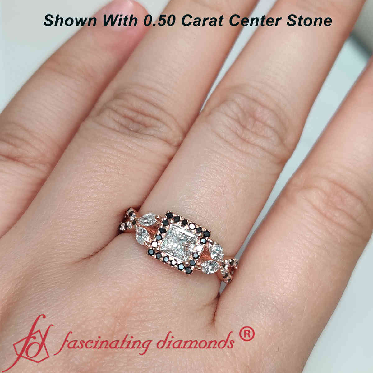Princess Cut Split Shank Diamond Ring with 14K Rose Gold Black Diamond