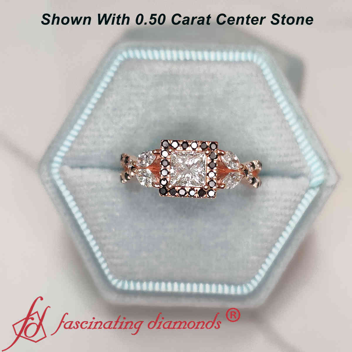 Princess Cut Split Shank Diamond Ring with 14K Rose Gold Black Diamond