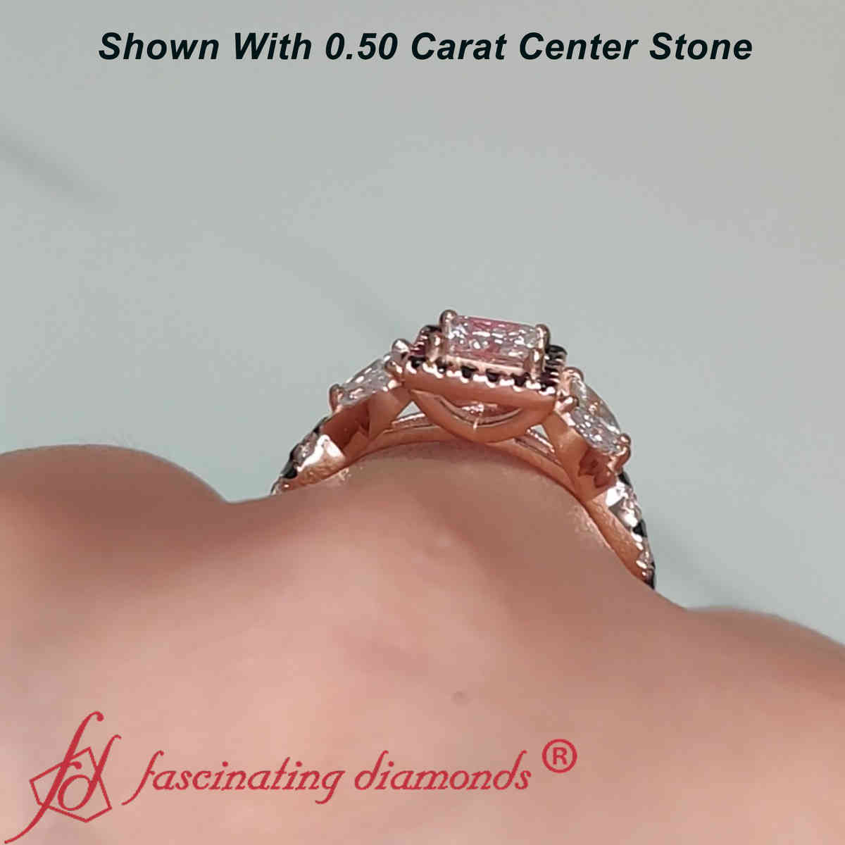 Princess Cut Split Shank Diamond Ring with 14K Rose Gold Black Diamond