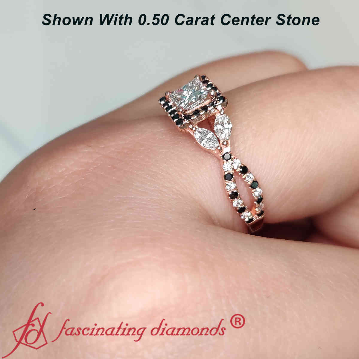 Princess Cut Split Shank Diamond Ring with 14K Rose Gold Black Diamond
