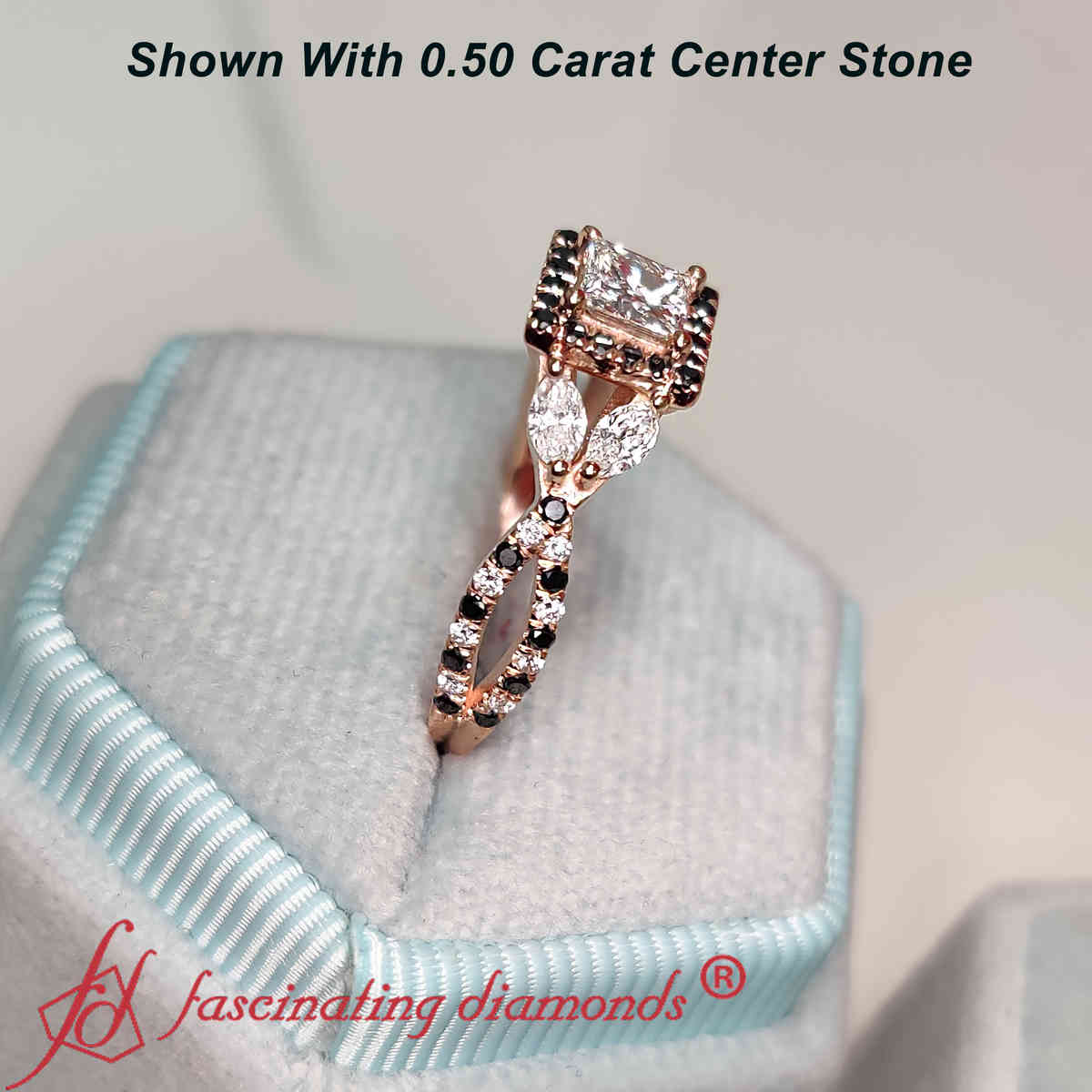 Princess Cut Split Shank Diamond Ring with 14K Rose Gold Black Diamond