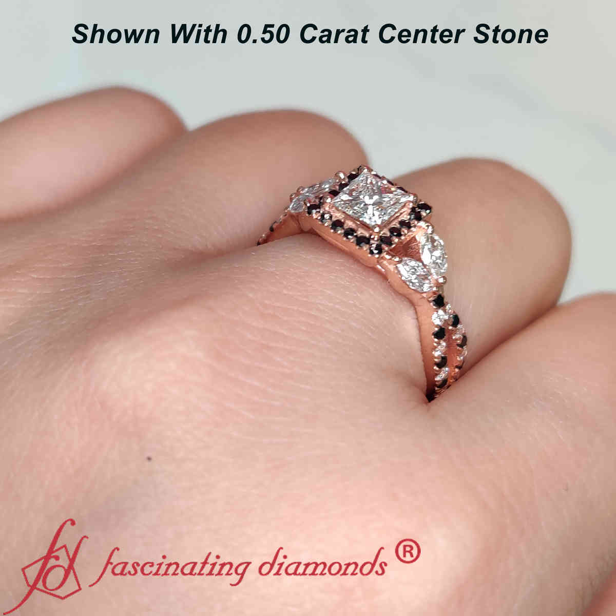 Princess Cut Split Shank Diamond Ring with 14K Rose Gold Black Diamond