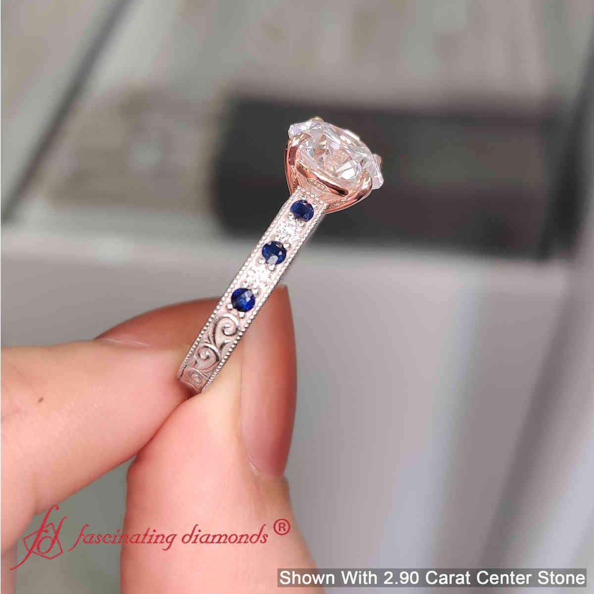3 Ct. Round Cut Lab Diamond Antique Engagement Ring with 14K White Gold Blue Sapphire