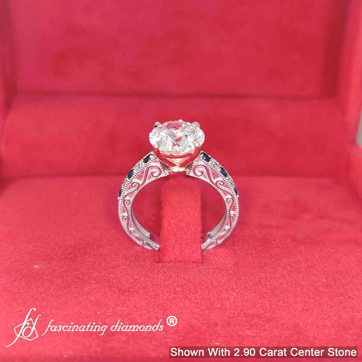 3 Ct. Round Cut Lab Diamond Antique Engagement Ring with 14K White Gold Blue Sapphire