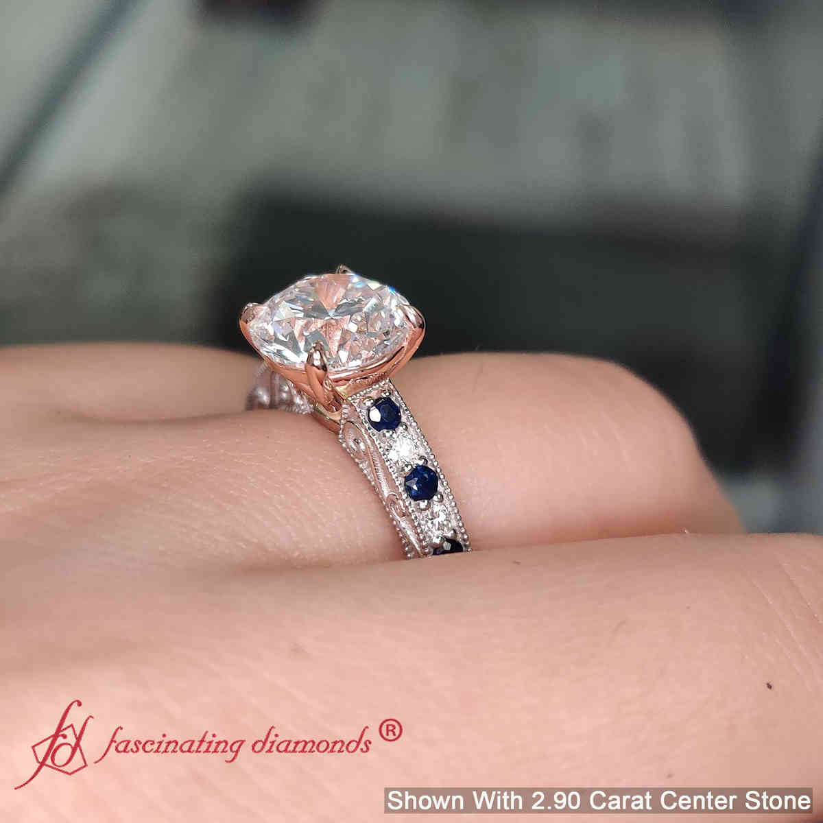 3 Ct. Round Cut Lab Diamond Antique Engagement Ring with 14K White Gold Blue Sapphire
