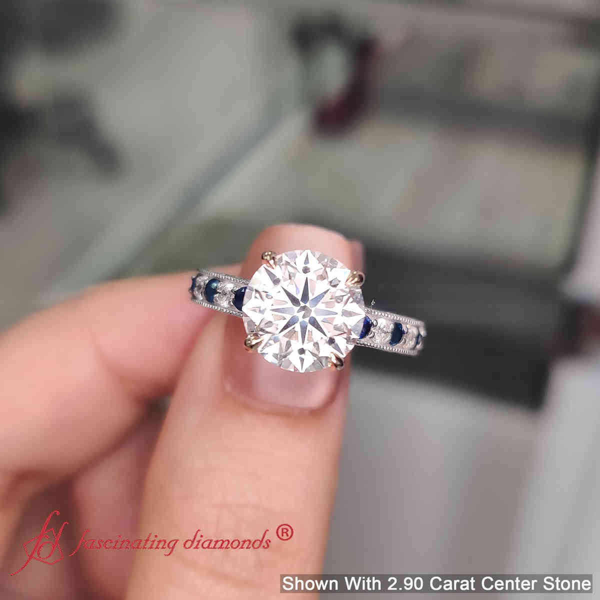 3 Ct. Round Cut Lab Diamond Antique Engagement Ring with 14K White Gold Blue Sapphire
