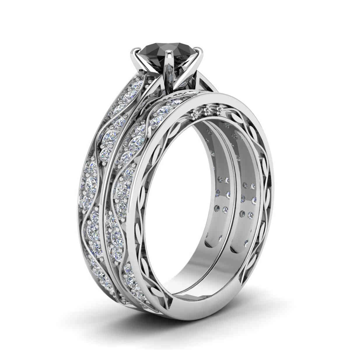 Vintage Gemstone Wedding Ring Set with 14K White Gold Black Diamond