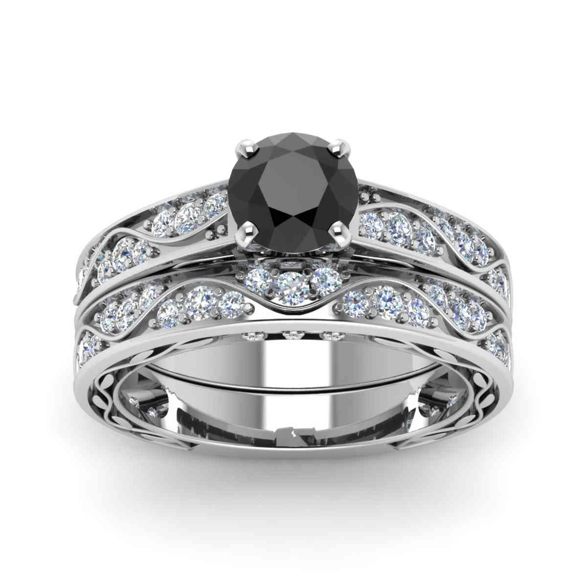 Vintage Gemstone Wedding Ring Set with 14K White Gold Black Diamond