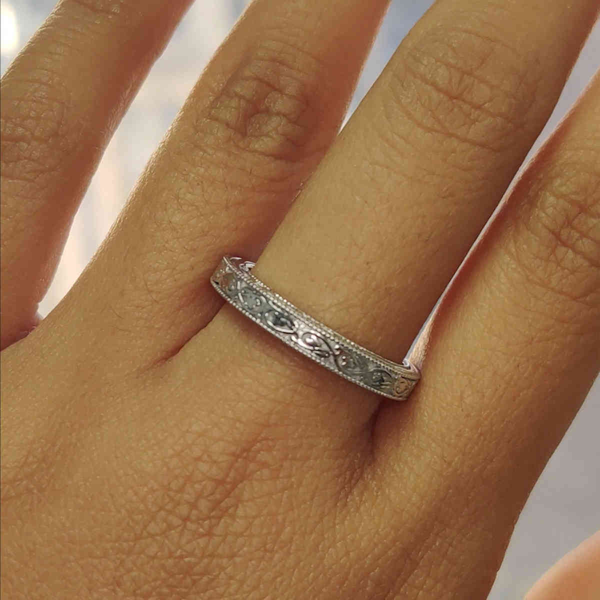 Engraved Milgrain Wedding Band with 14K White Gold undefined