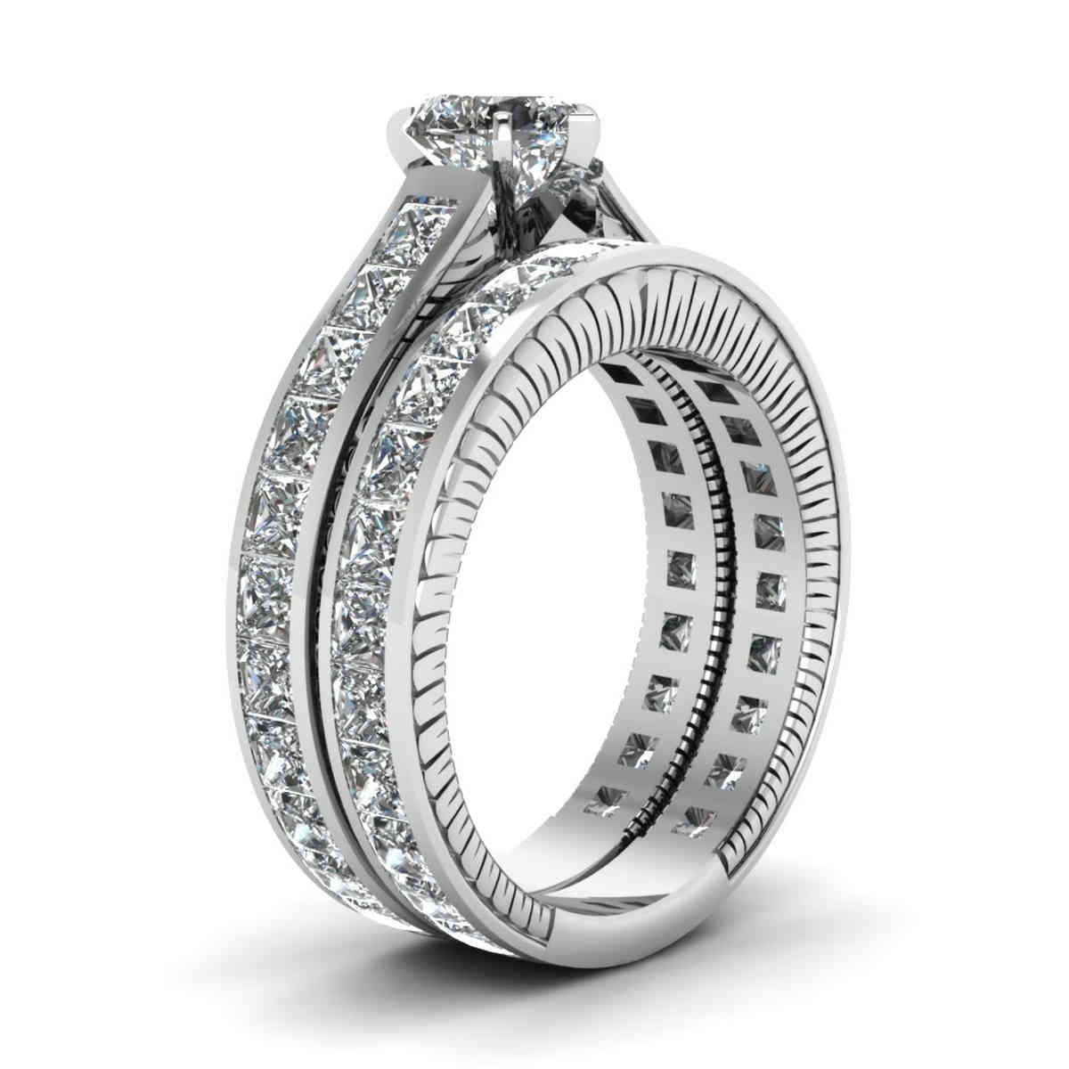 Heart Shaped Vintage Channel Diamond Bridal Set with White Diamond in 14K White Gold