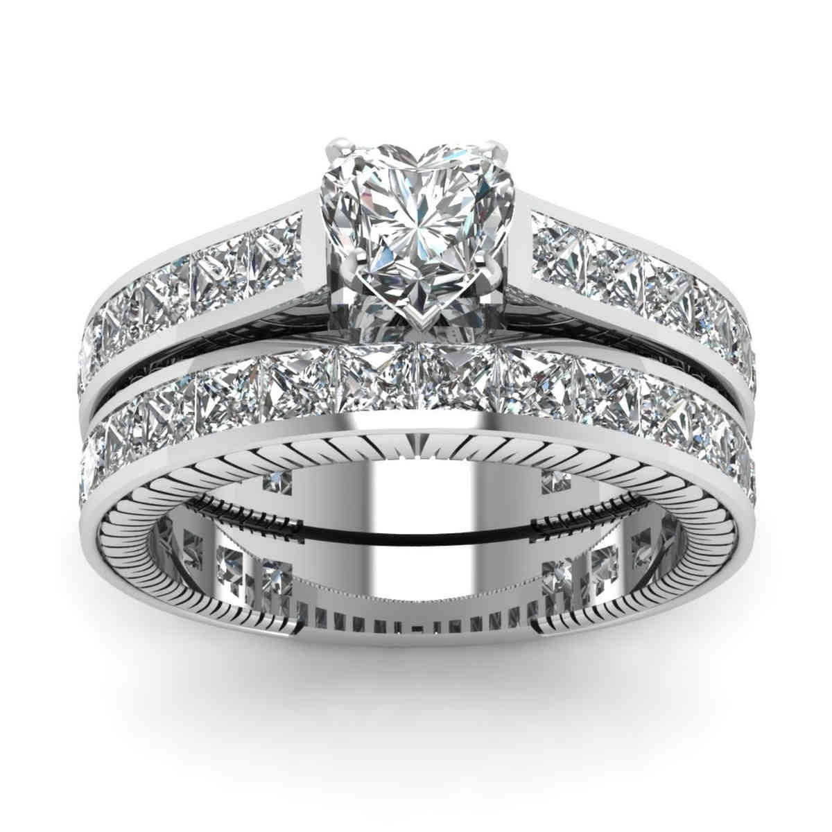 Heart Shaped Vintage Channel Diamond Bridal Set with White Diamond in 14K White Gold