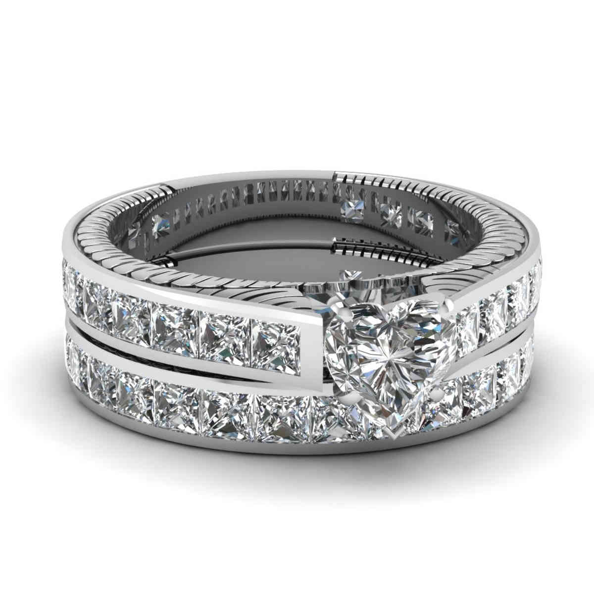 Heart Shaped Vintage Channel Diamond Bridal Set with White Diamond in 14K White Gold
