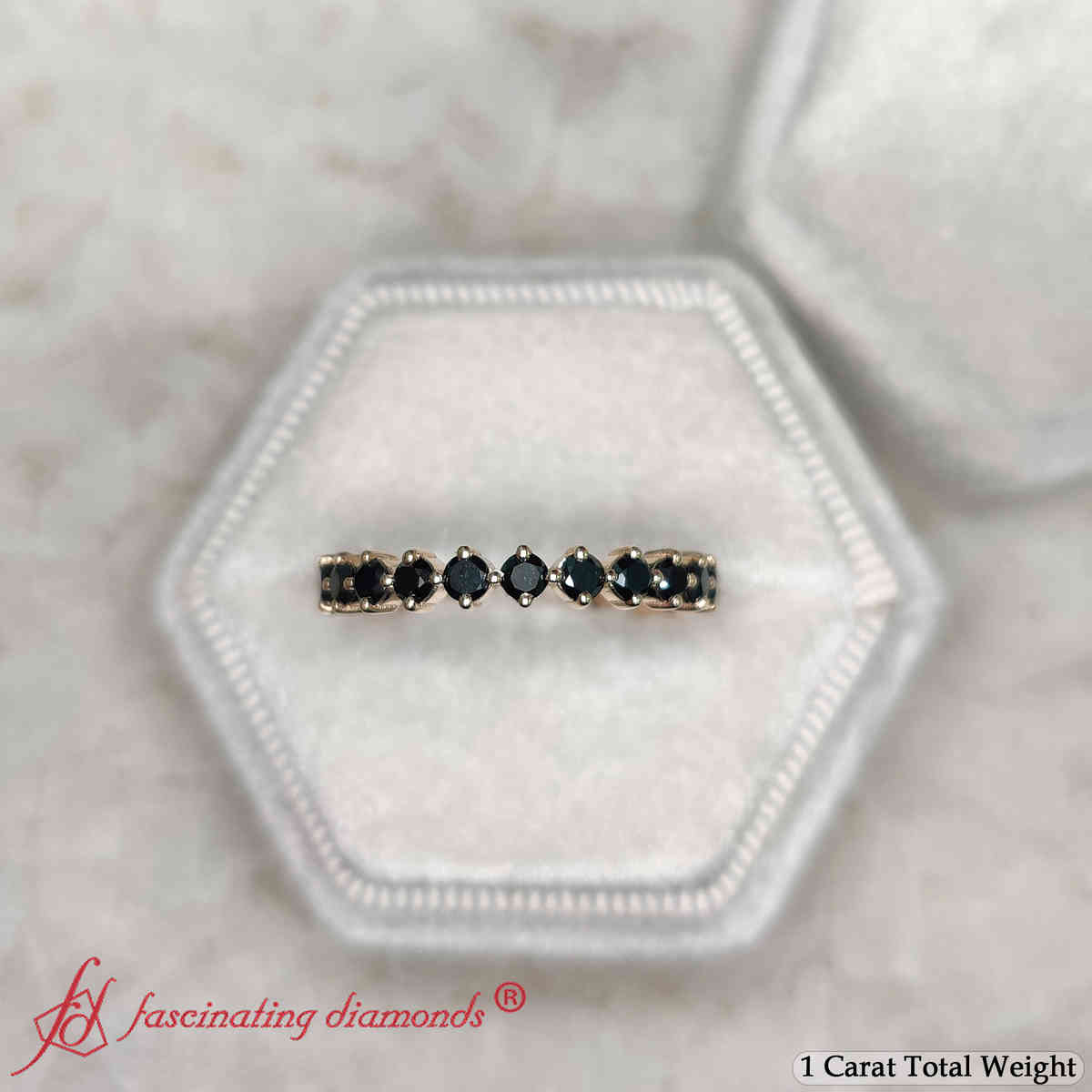 1 Carat Round Cut Diamond Eternity Ring with 14K Yellow Gold Black Diamond