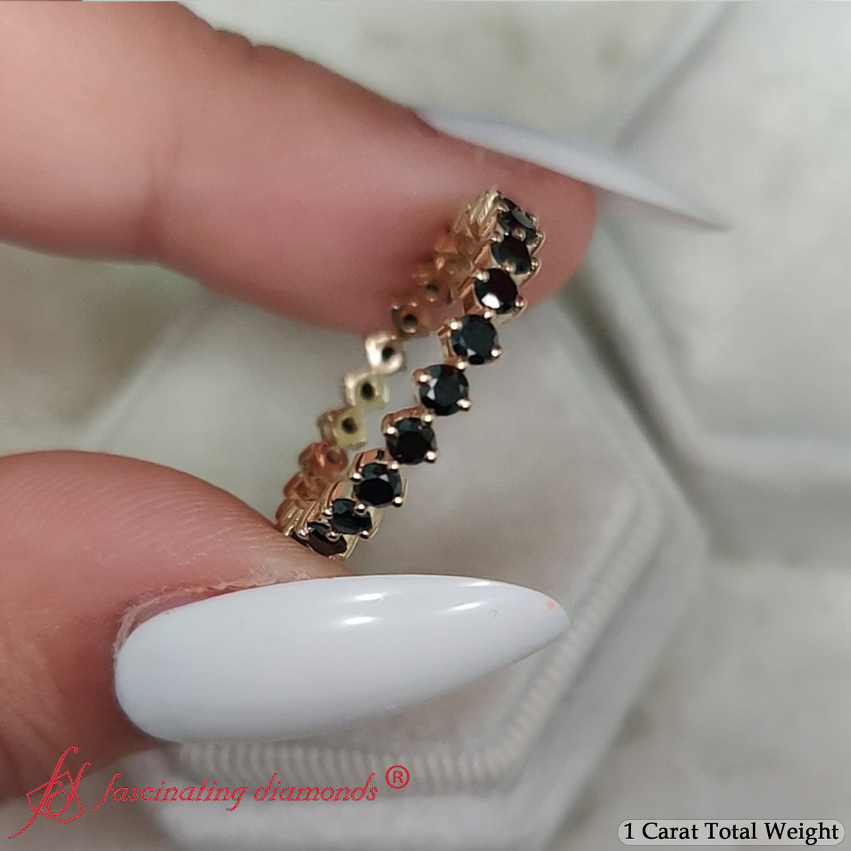 1 Carat Round Cut Diamond Eternity Ring with 14K Yellow Gold Black Diamond