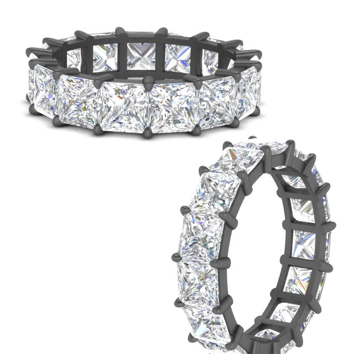 10 Carat Black Eternity Ring With Prong Princess Cut Diamond with 14K Black Gold White Diamond