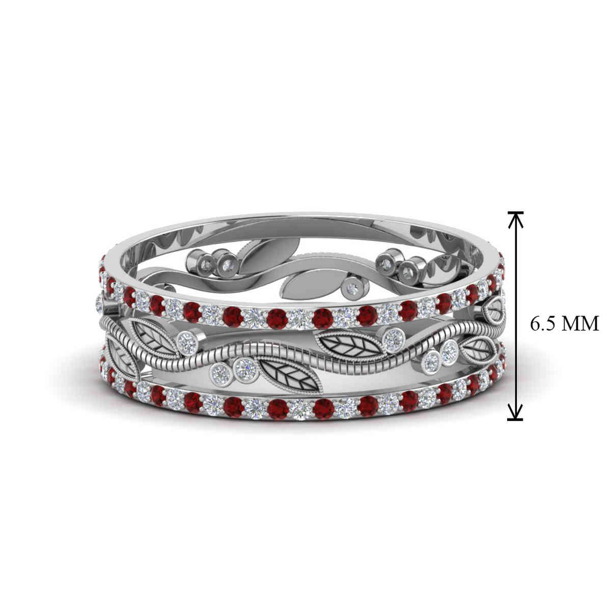 Nature Inspired Thick Art Deco Wedding Band with 18K White Gold Red Ruby