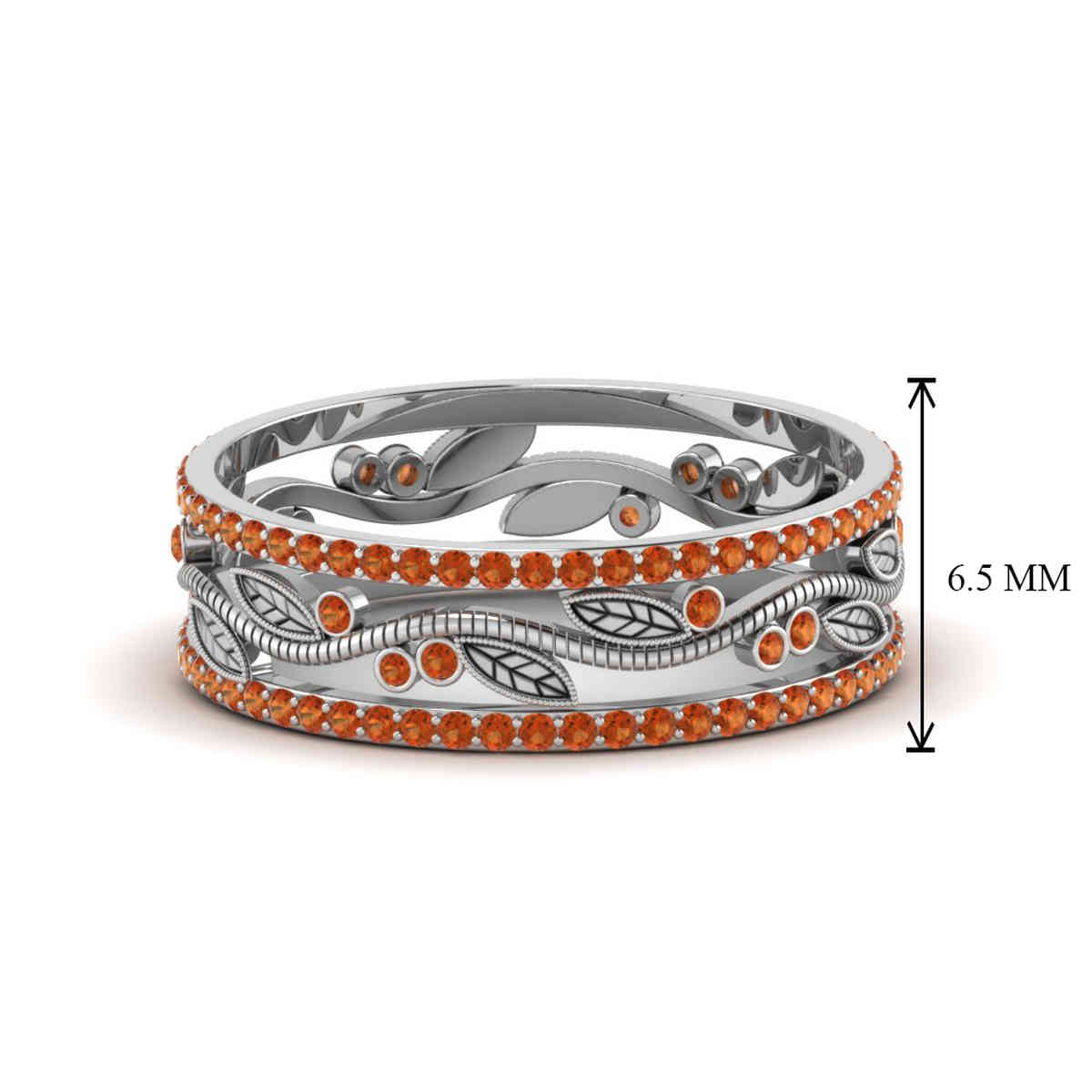 Wide Branch Design Band For Women with 14K White Gold Orange Sapphire