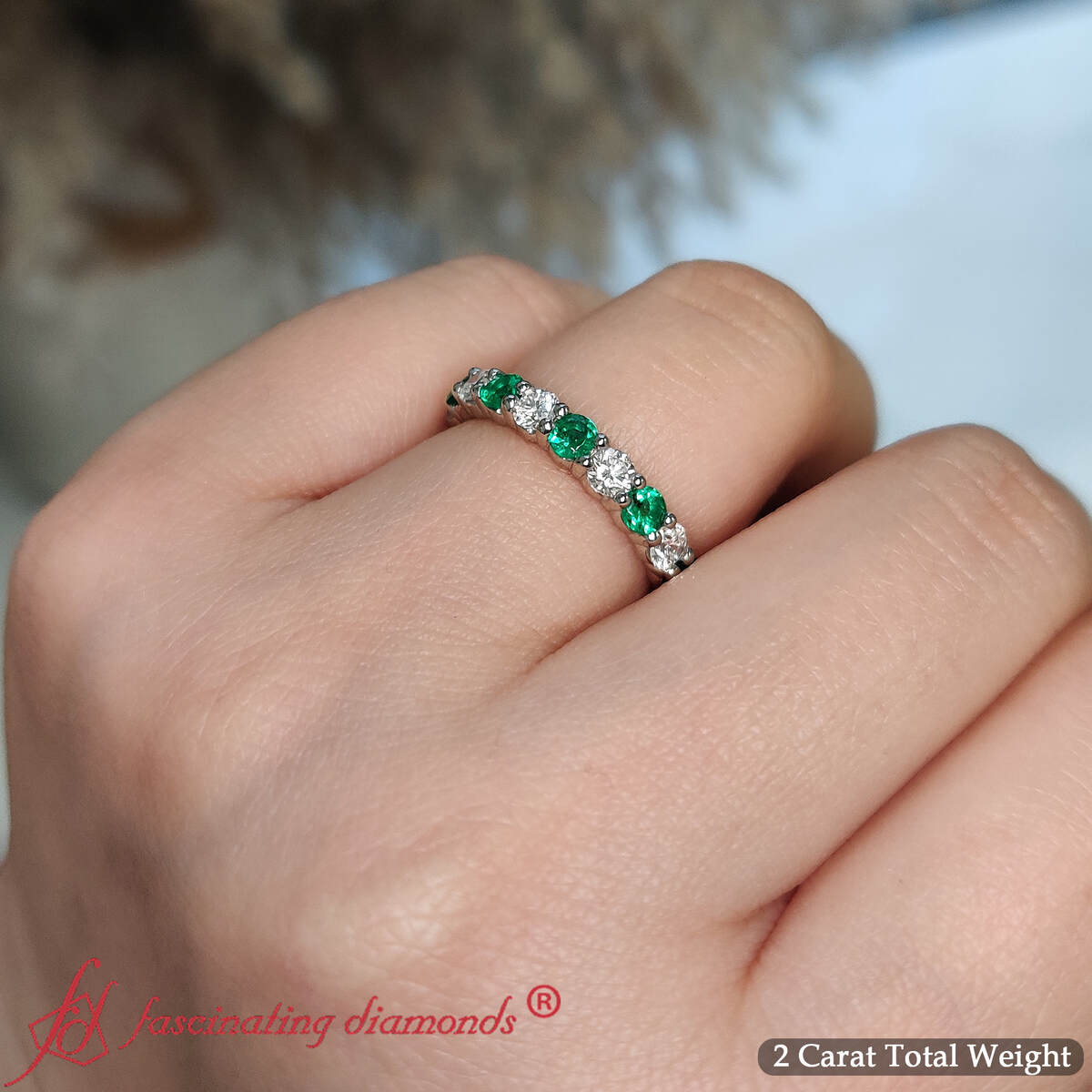 2 Carat Round Diamond Eternity Wedding Band with 950 Platinum Green Emerald