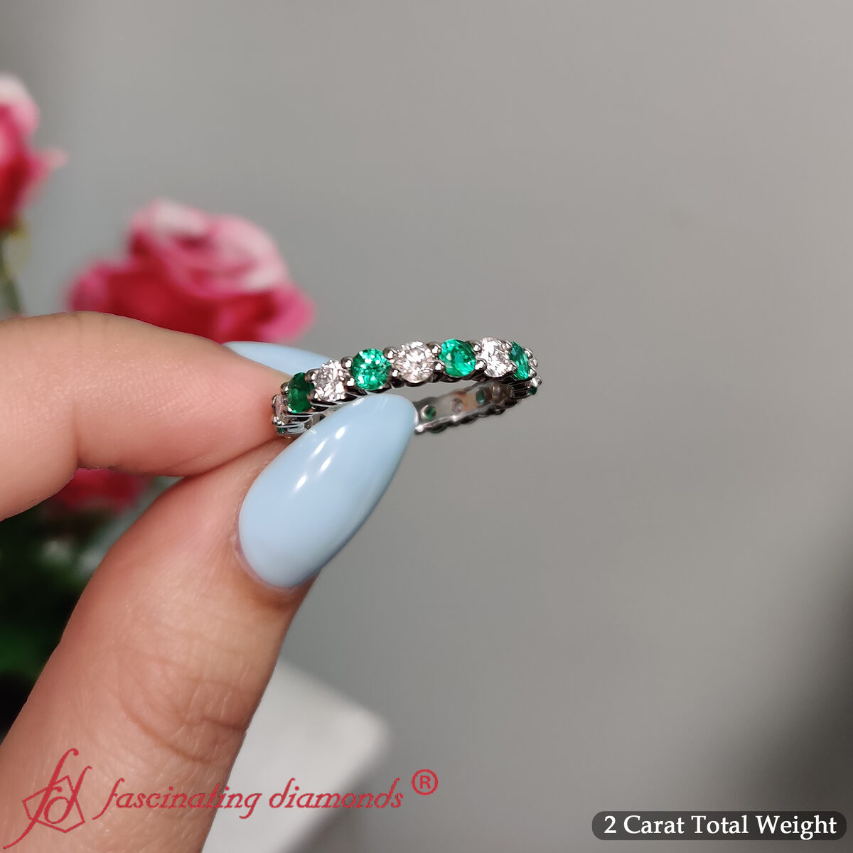2 Carat Round Diamond Eternity Wedding Band with 950 Platinum Green Emerald