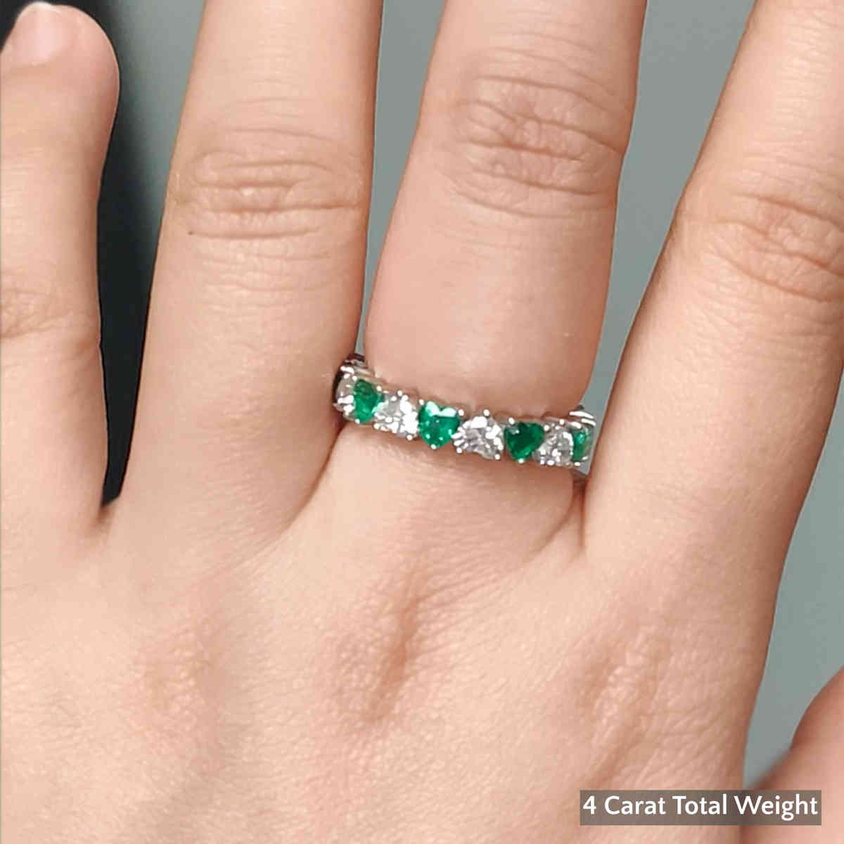 4 Carat Heart Eternity Anniversary Band with 14K White Gold Green Emerald