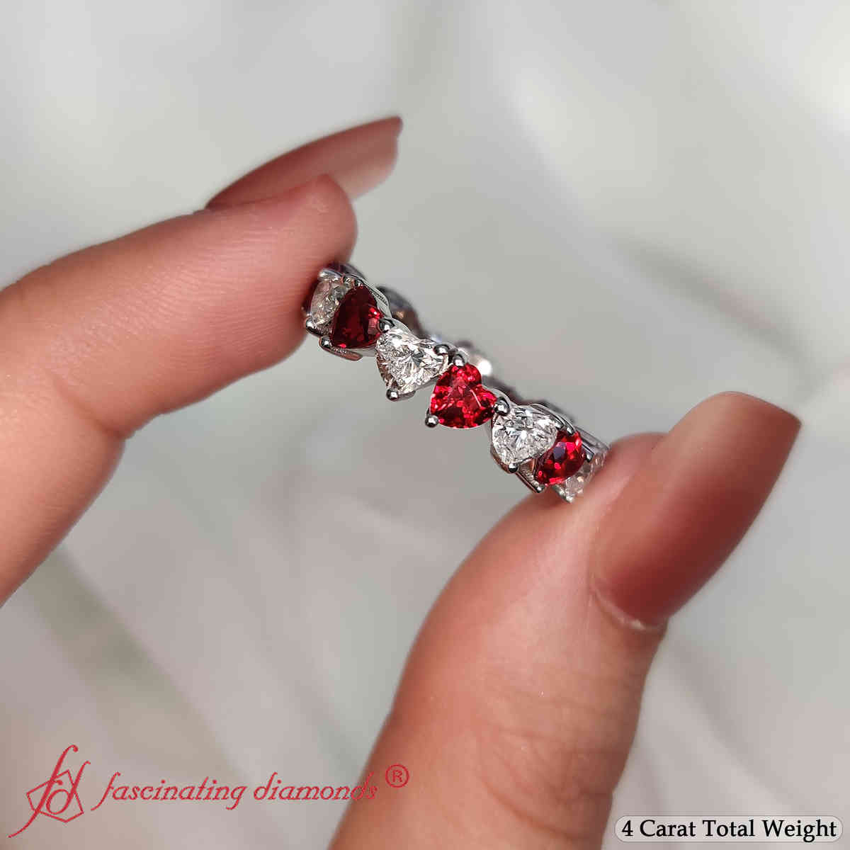 Beautiful Heart Eternity Band 4 Carat with 14K White Gold Red Ruby