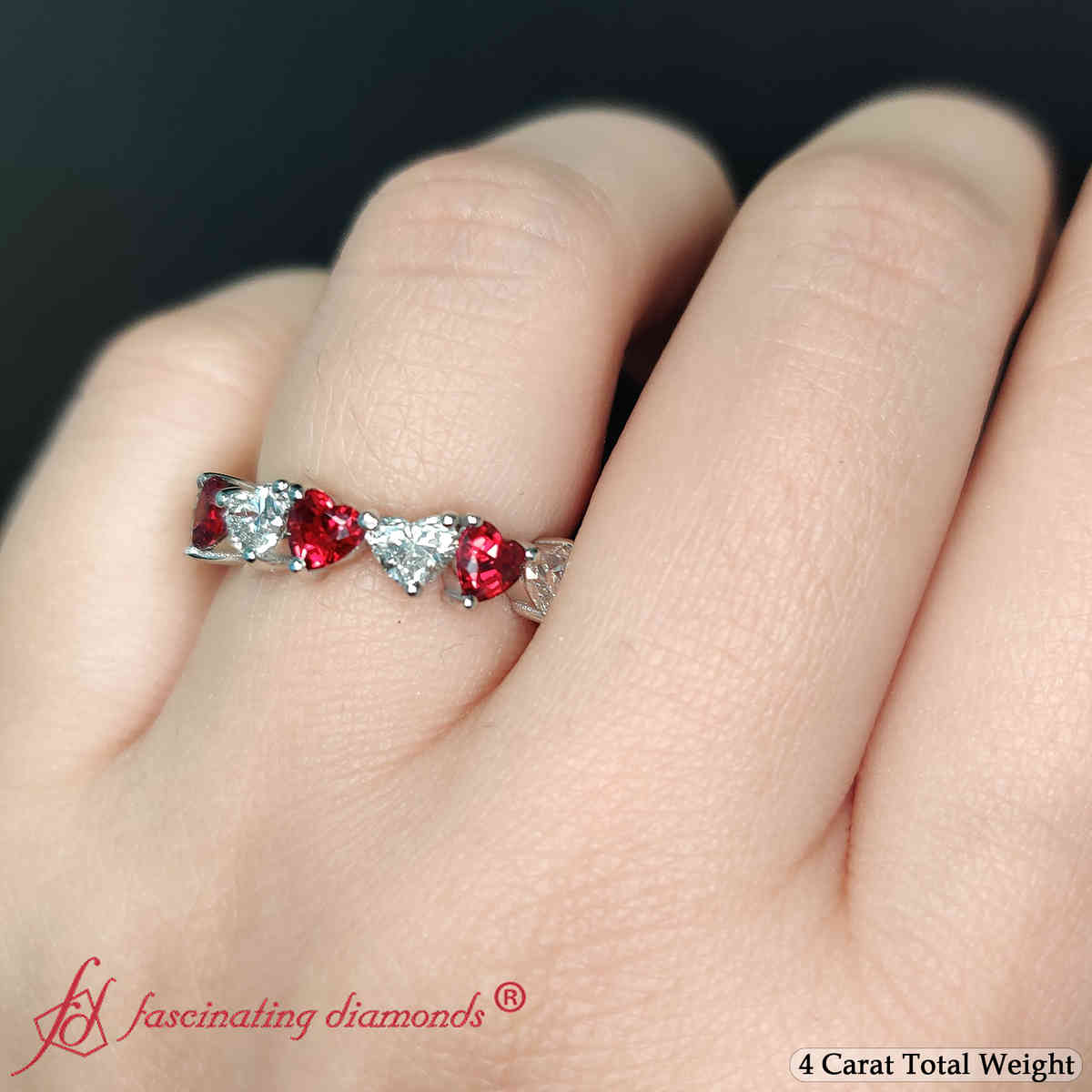Beautiful Heart Eternity Band 4 Carat with 14K White Gold Red Ruby