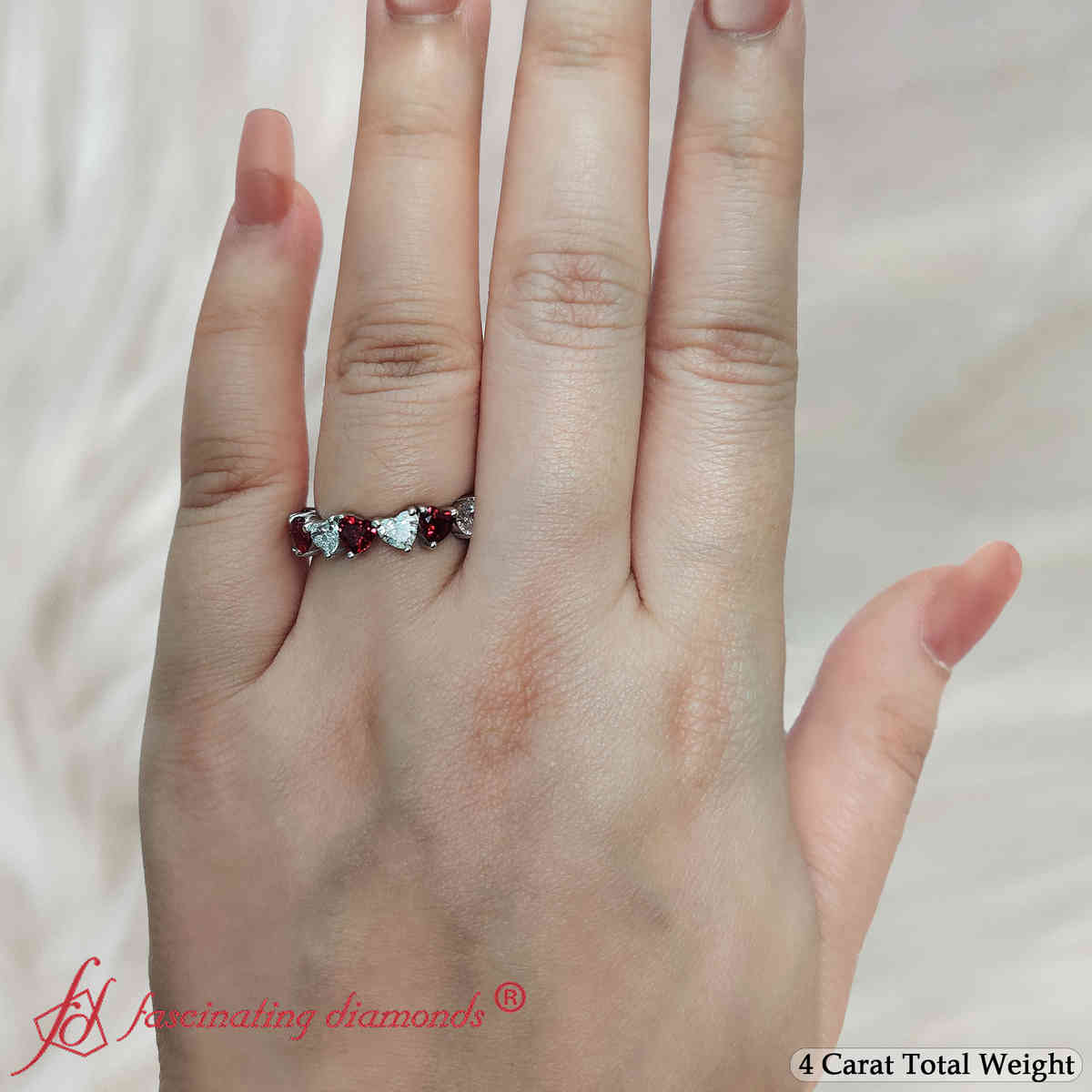 Beautiful Heart Eternity Band 4 Carat with 14K White Gold Red Ruby