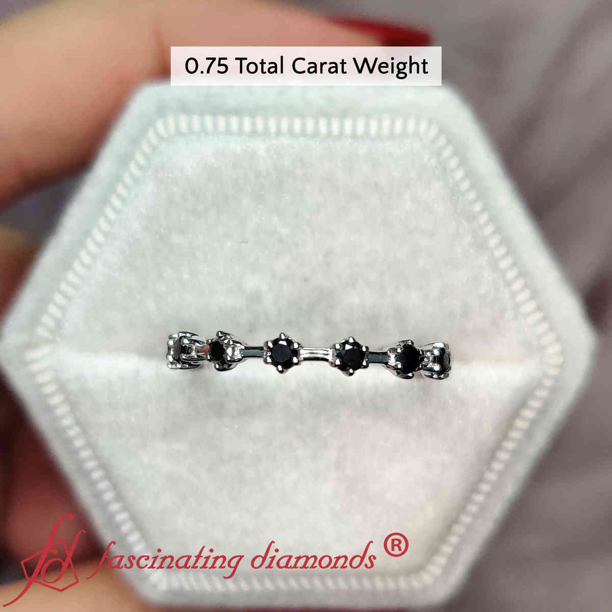 Affordable Round Scattered Eternity Band with 14K White Gold Black Diamond