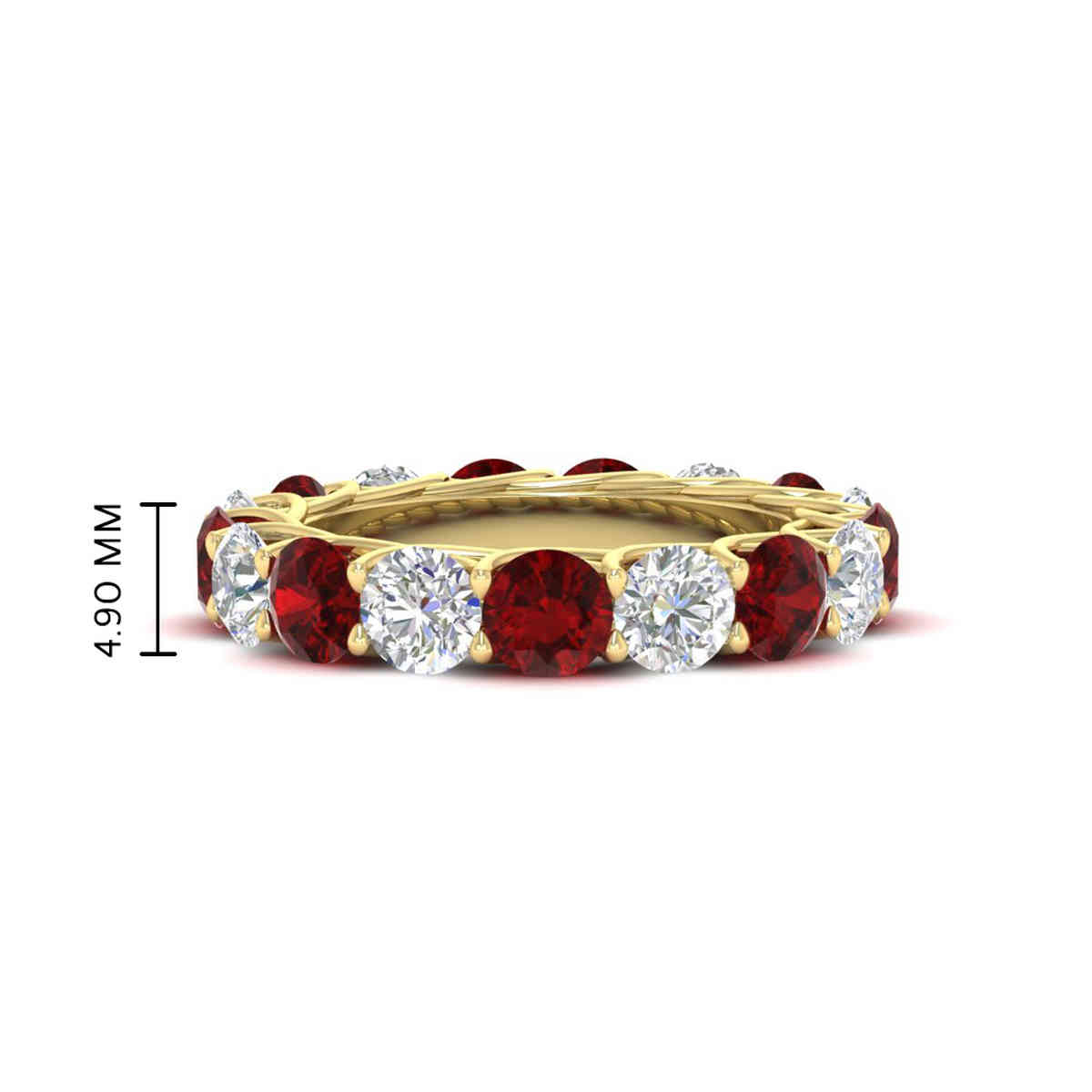 Round Cut 5 Carat Diamond Eternity Ring with 14K Yellow Gold Red Ruby
