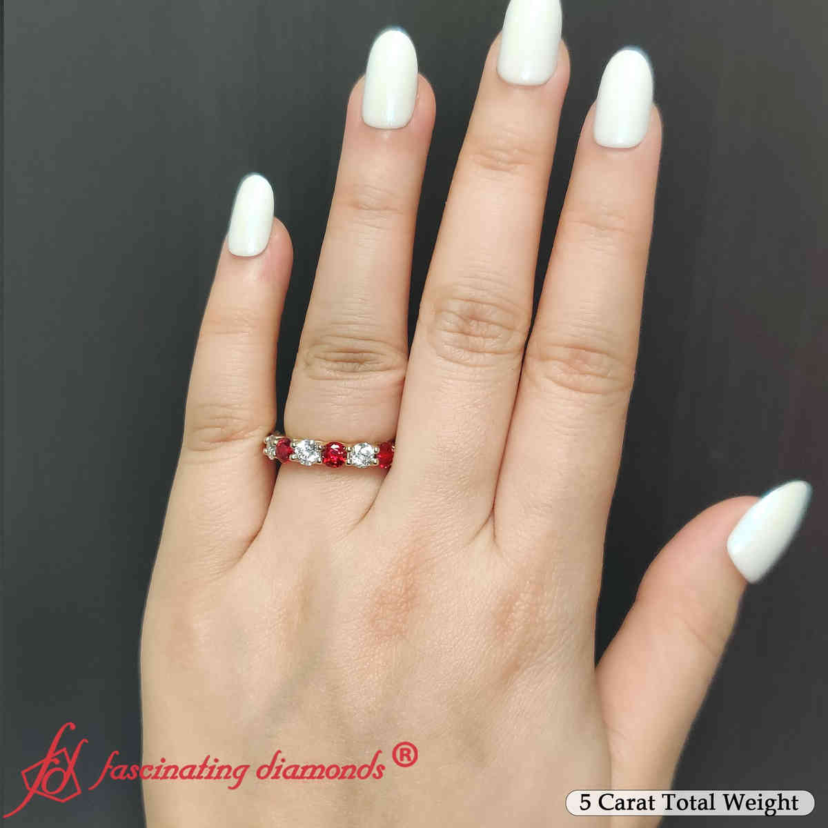 Round Cut 5 Carat Diamond Eternity Ring with 14K Yellow Gold Red Ruby