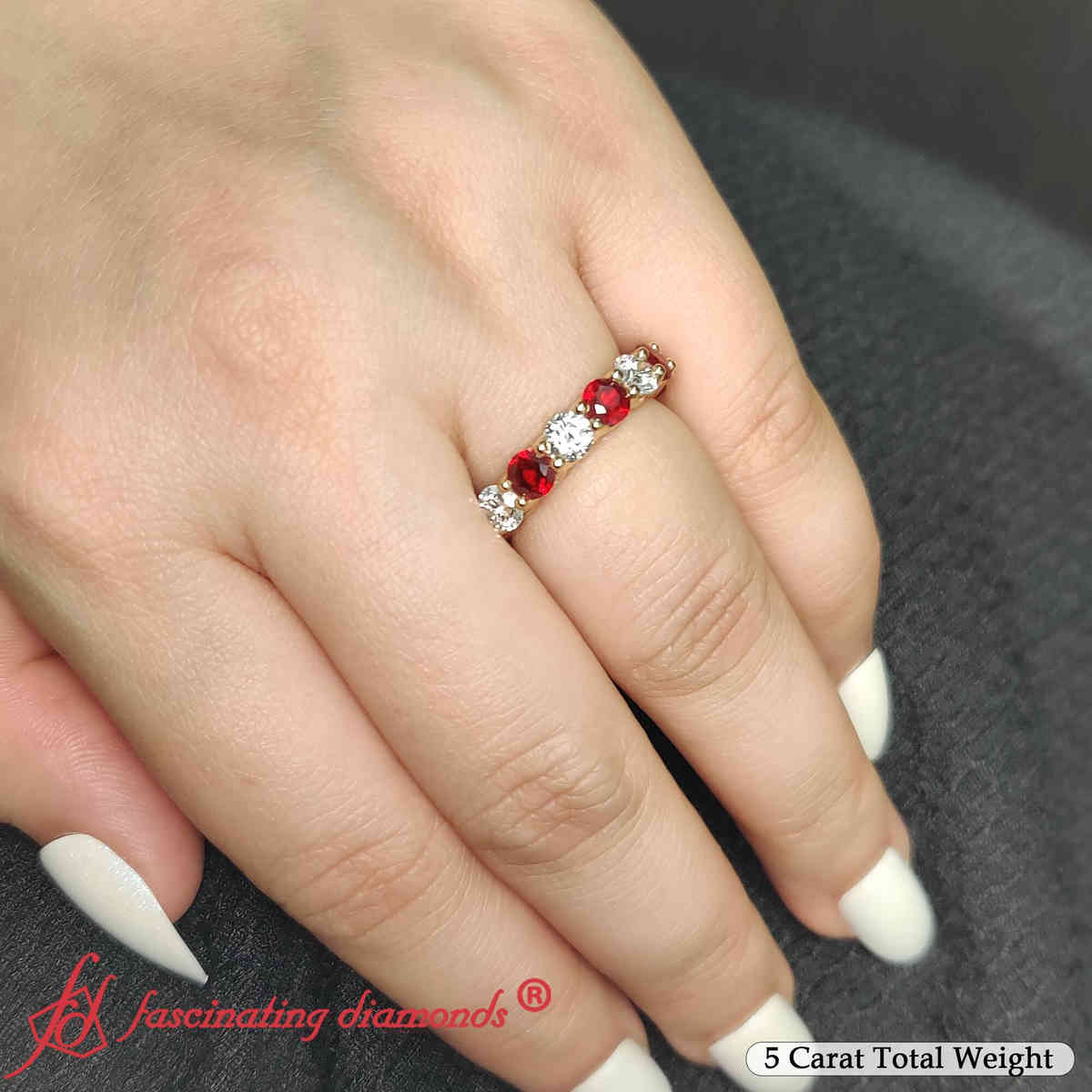 Round Cut 5 Carat Diamond Eternity Ring with 14K Yellow Gold Red Ruby