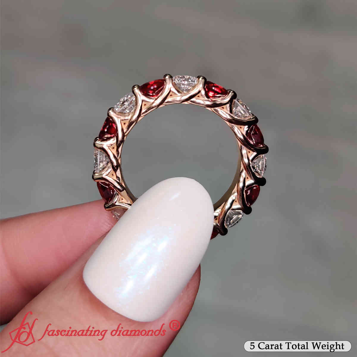 Round Cut 5 Carat Diamond Eternity Ring with 14K Yellow Gold Red Ruby