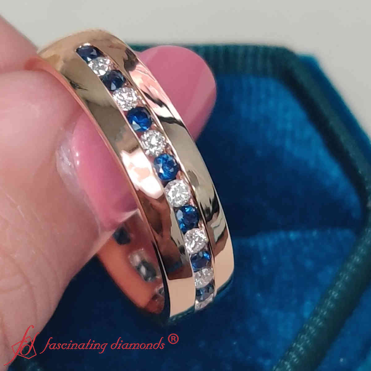 Mens Channel Set Wedding Ring with 14K Rose Gold Blue Sapphire